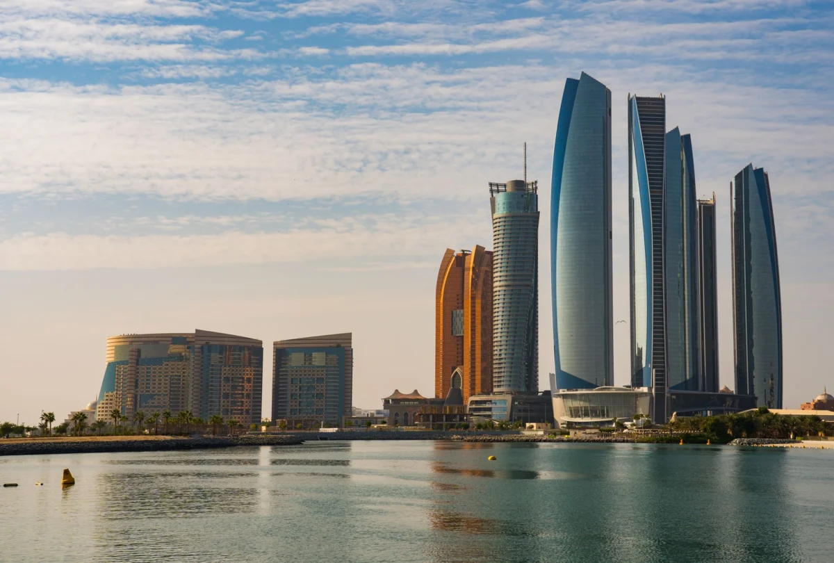 Modern Abu Dhabi skyline with iconic landmarks