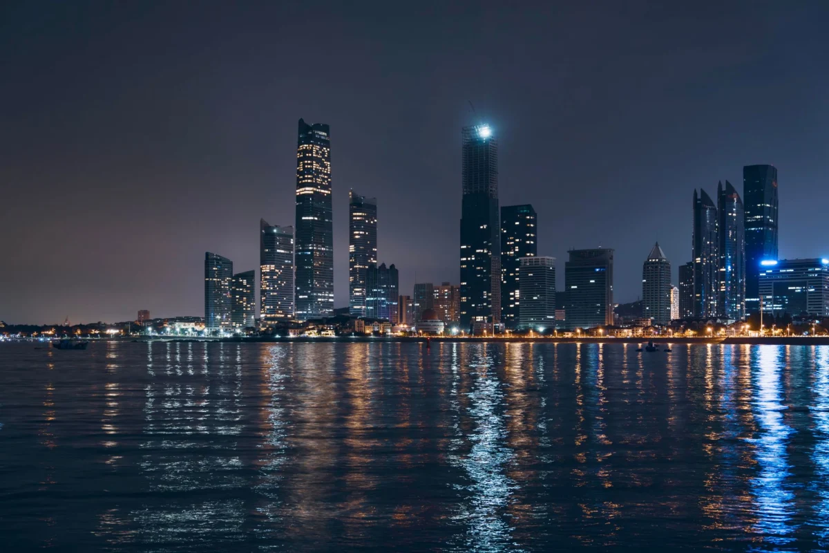 Romantic view of Abu Dhabi skyline at sunset