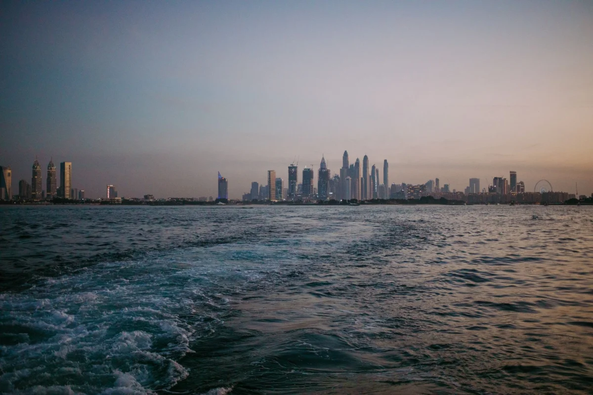 Romantic view of Abu Dhabi skyline with luxurious hotels