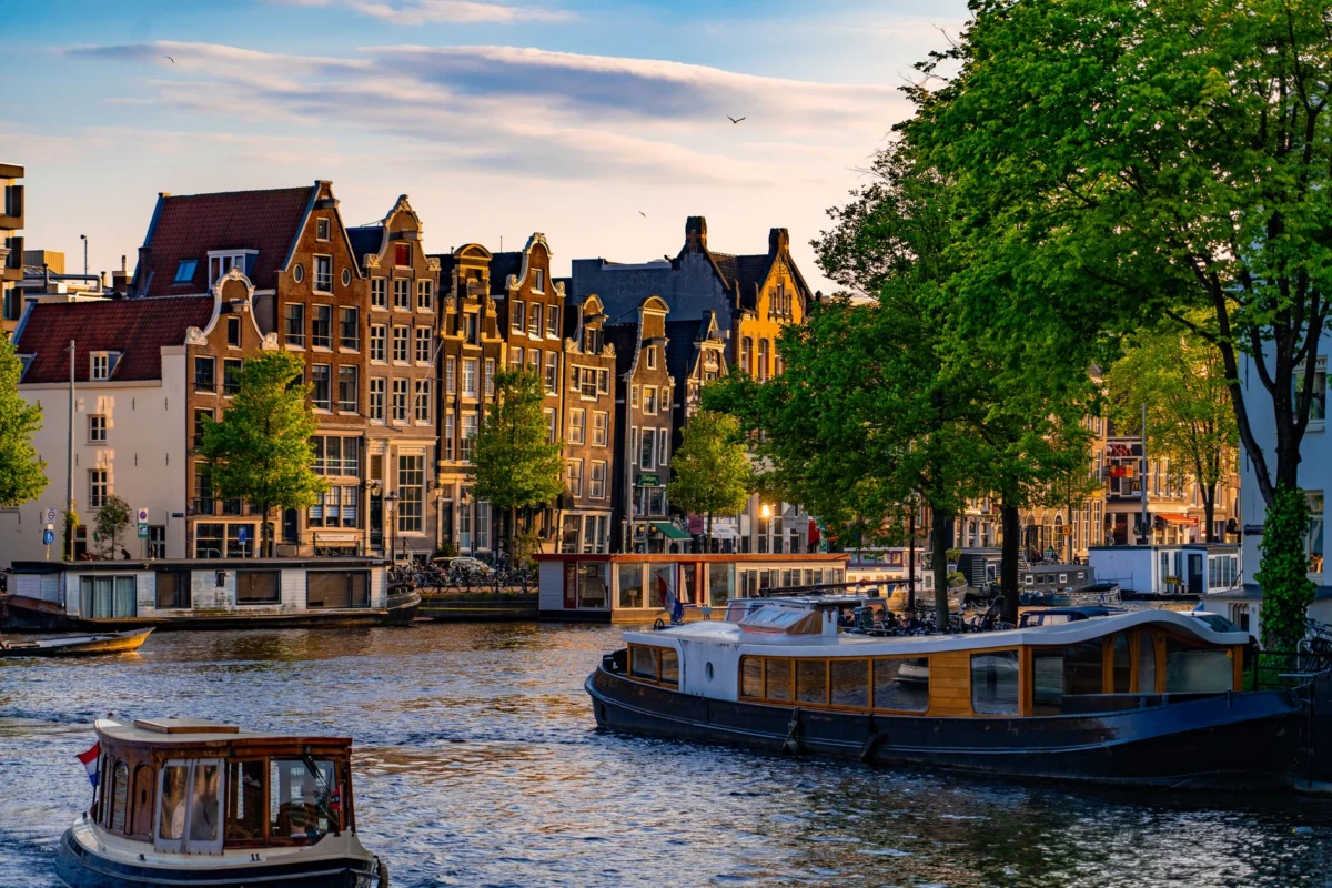 A romantic sunset view over the canals of Amsterdam