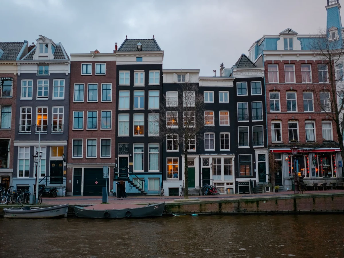 Romantic evening view of Amsterdam's canals and lights