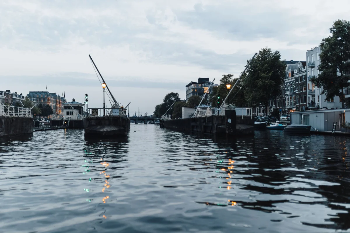 Scenic evening view of Amsterdam canals with romantic ambiance