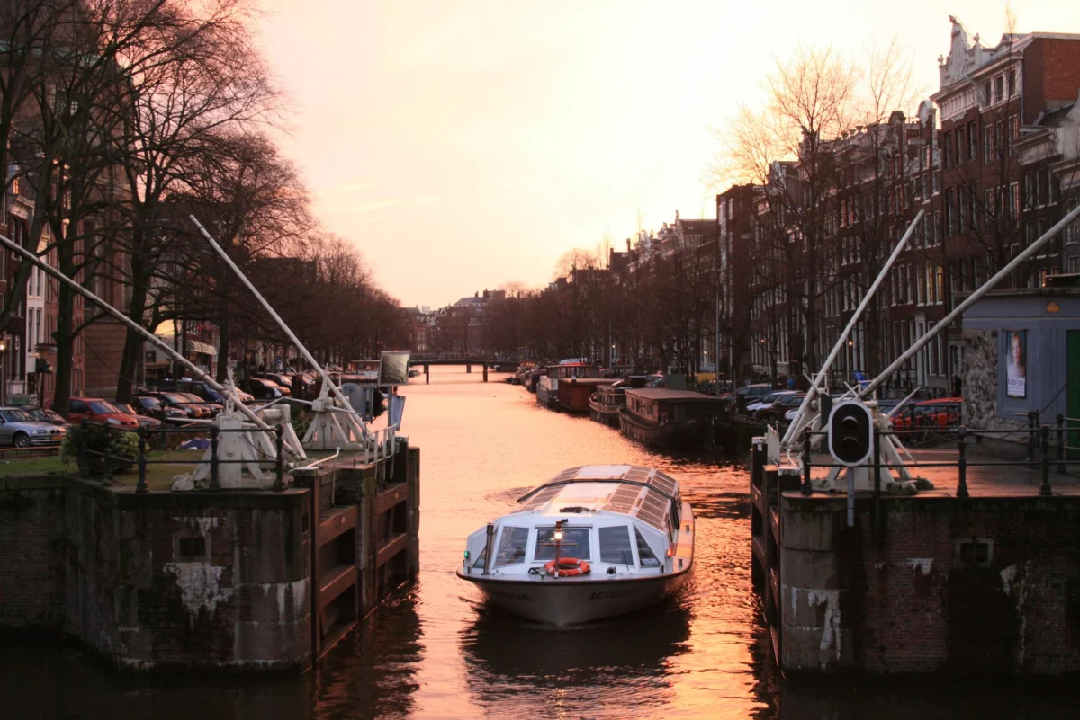 View of Amsterdam canals at sunset
