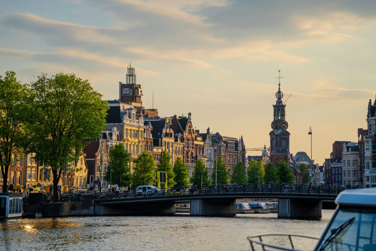 Serene sunset view over Amsterdam's historic canals