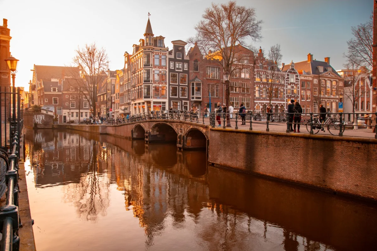 Romantic sunset view over Amsterdam's canals