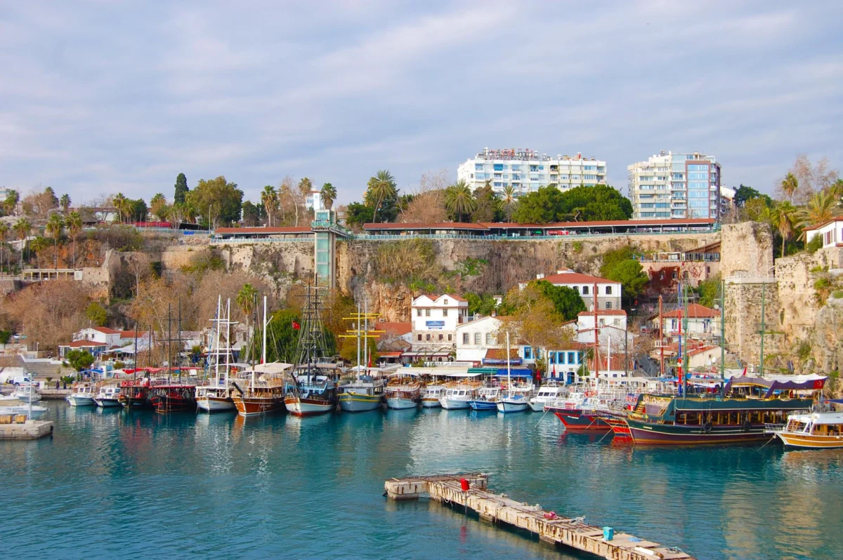 Aerial view of Antalya's historic old town with scenic landscapes