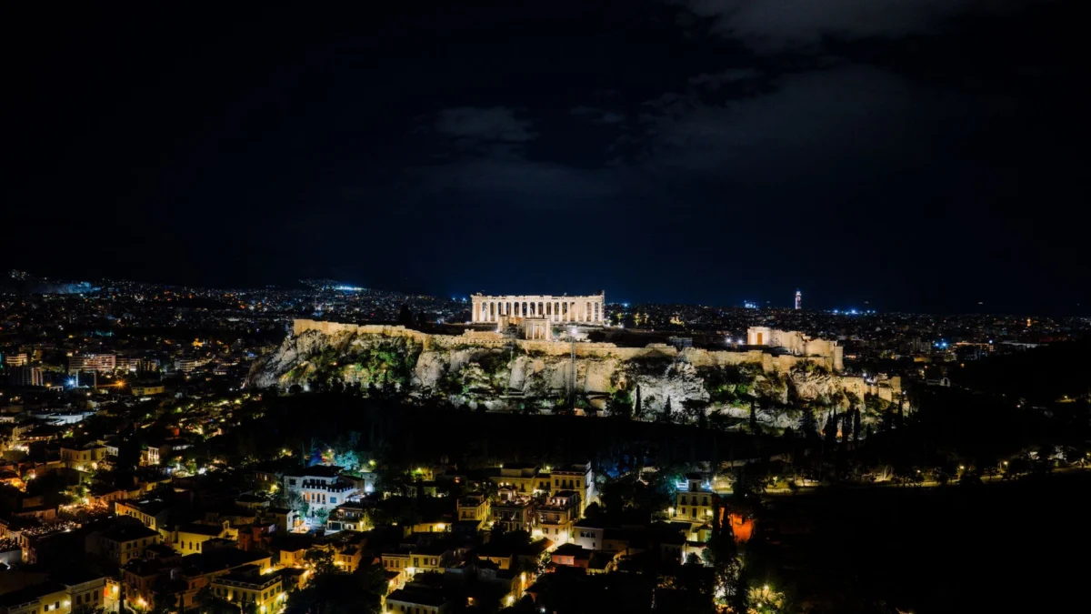 Night view of Athens skyline with the Acropolis in the background