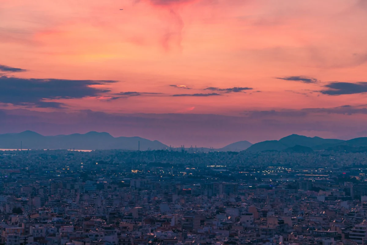 Romantic sunset panorama of Athens with the Acropolis