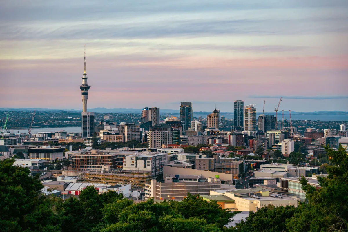 Scenic view of Auckland's iconic skyline featuring the Sky Tower