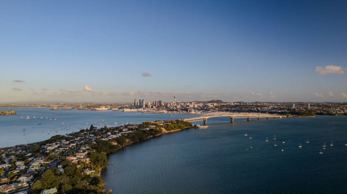 View of Auckland's iconic skyline at dusk