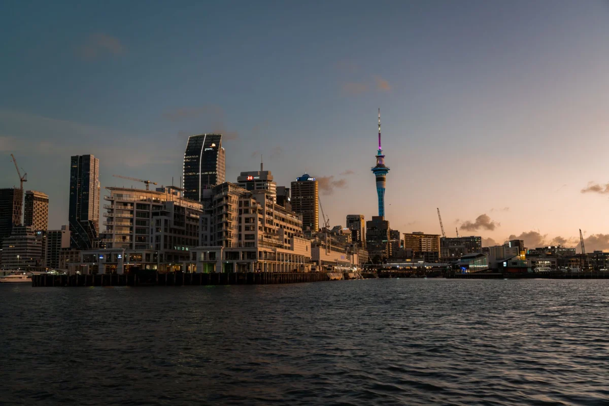 Auckland city skyline with historical landmarks at dusk