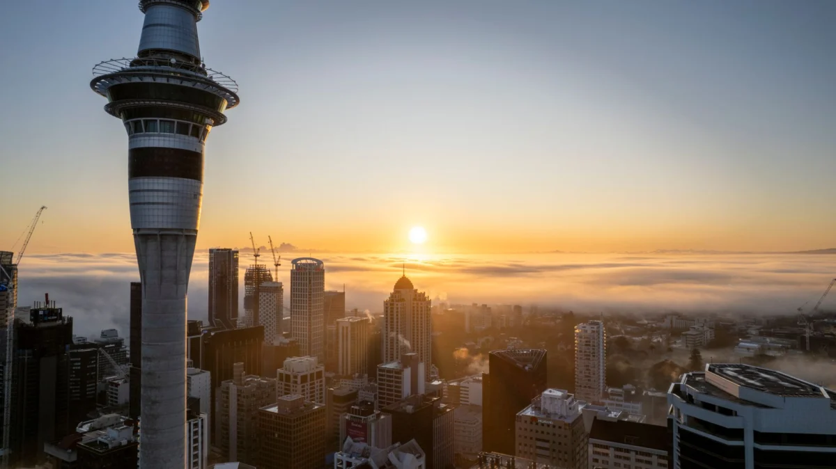 Romantic sunset view of the Auckland skyline