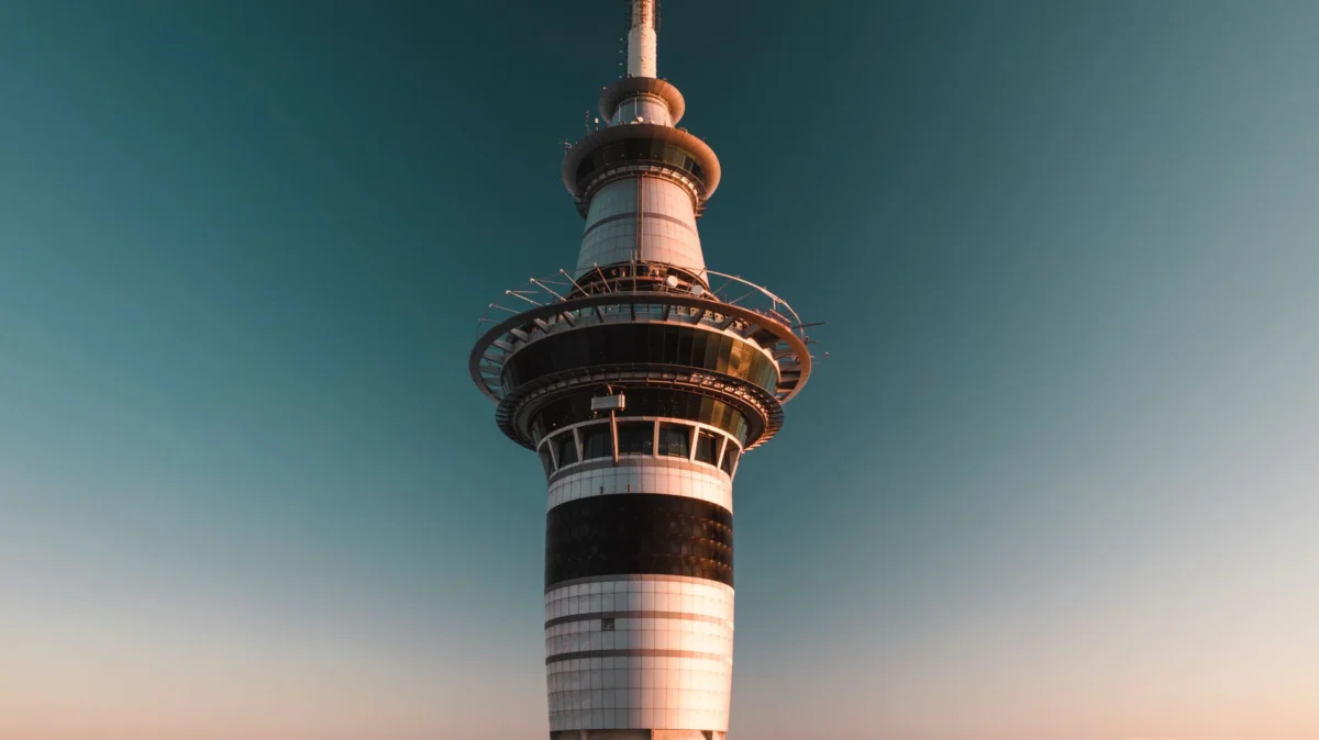 Auckland skyline at sunset from a high vantage point