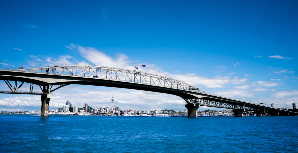 Stunning view of Auckland skyline at sunset from waterfront