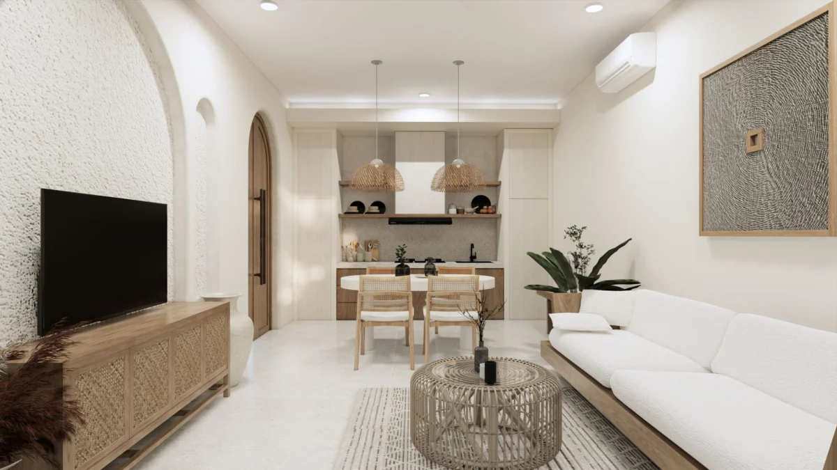 Modern aparthotel room in Bali with workspace setup