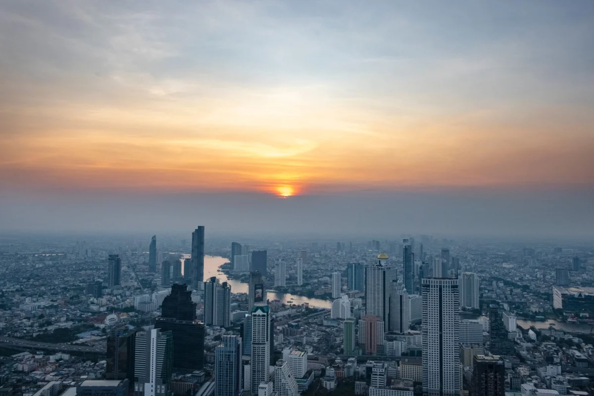 Romantic Bangkok skyline view at sunset during Songkran Festival