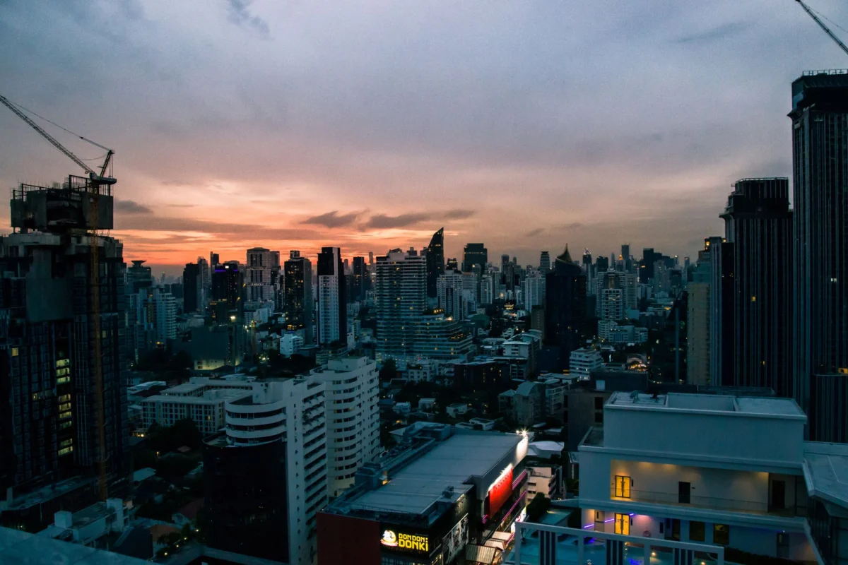 Panoramic view of Bangkok skyline at sunset
