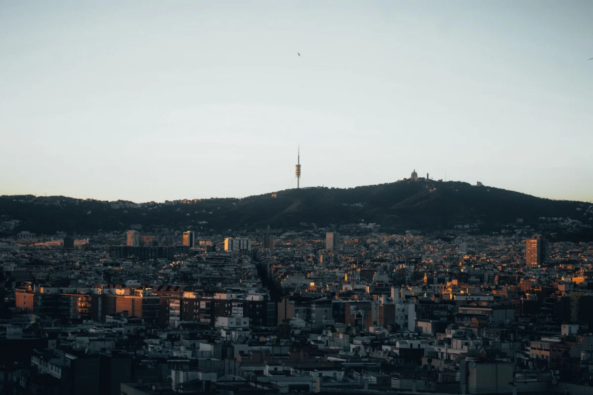 Panoramic view of Barcelona skyline at sunset