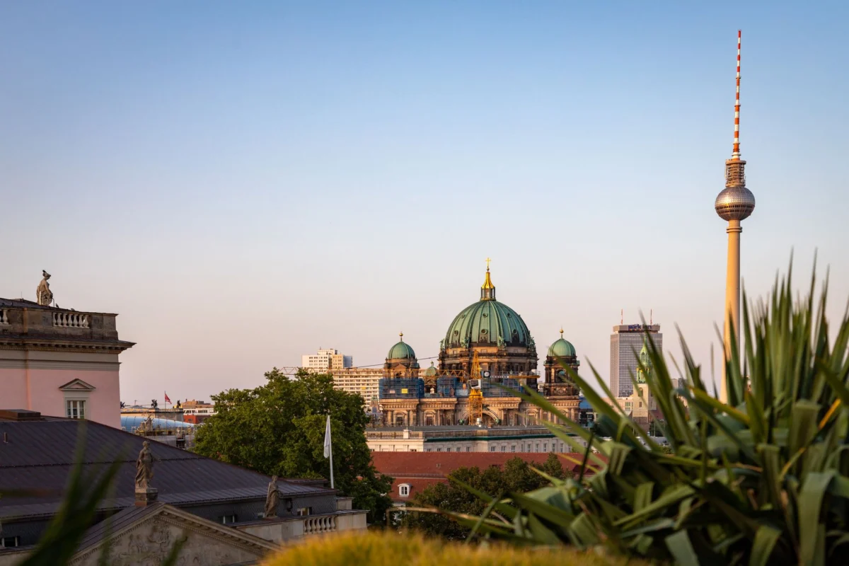 Skyline view of Berlin at sunset with iconic landmarks