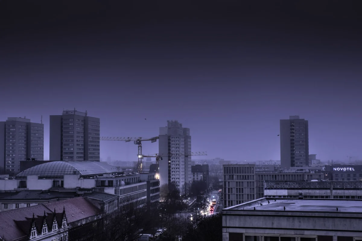 Romantic hotel room setting in Berlin overlooking city skyline