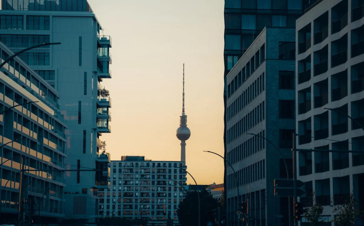 Aerial view of Berlin's romantic skyline at sunset