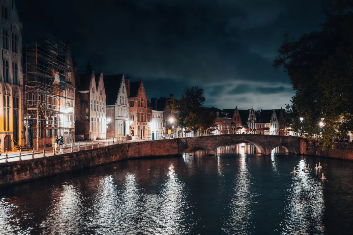 Scenic romantic night view of a canal in Bruges