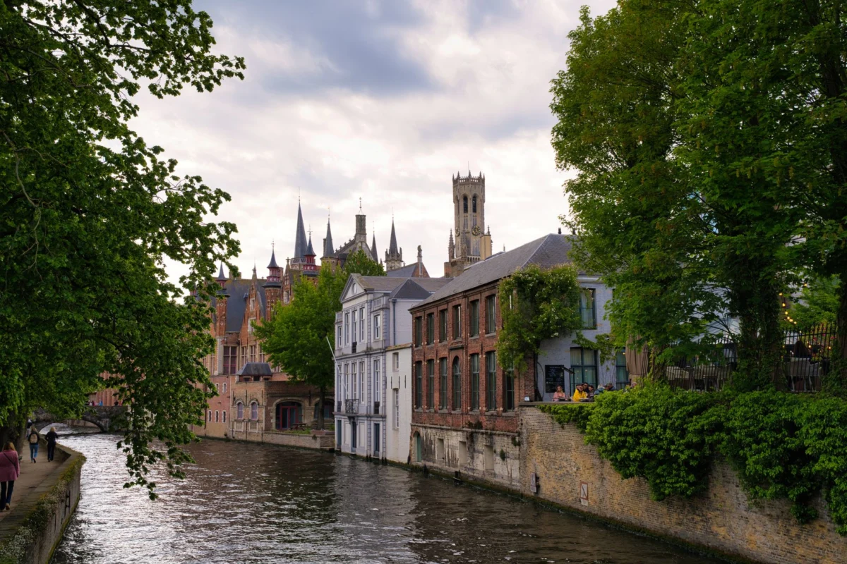 Romantic view of Bruges canals and historical buildings