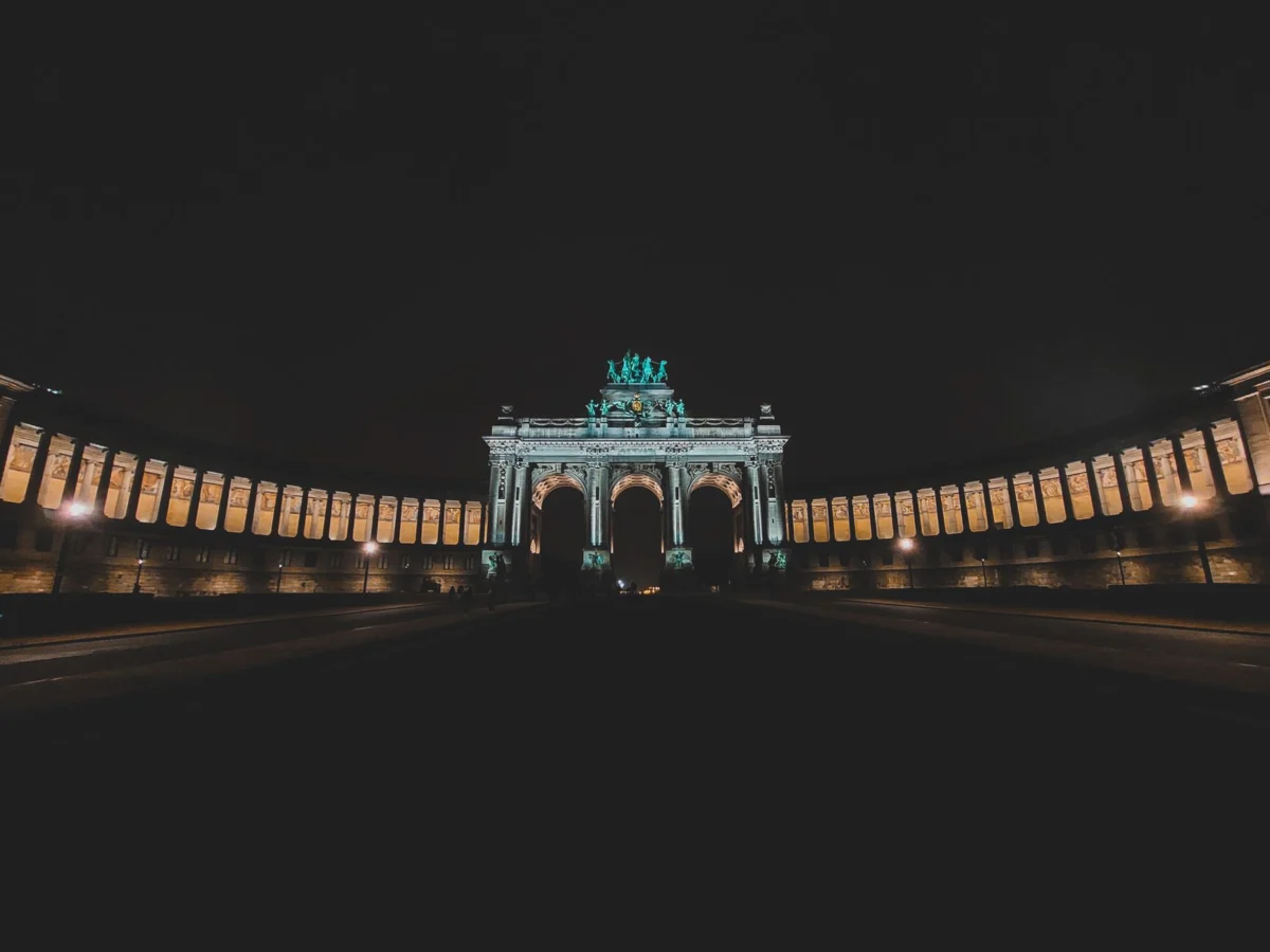 View of Brussels at night with iconic landmarks illuminated