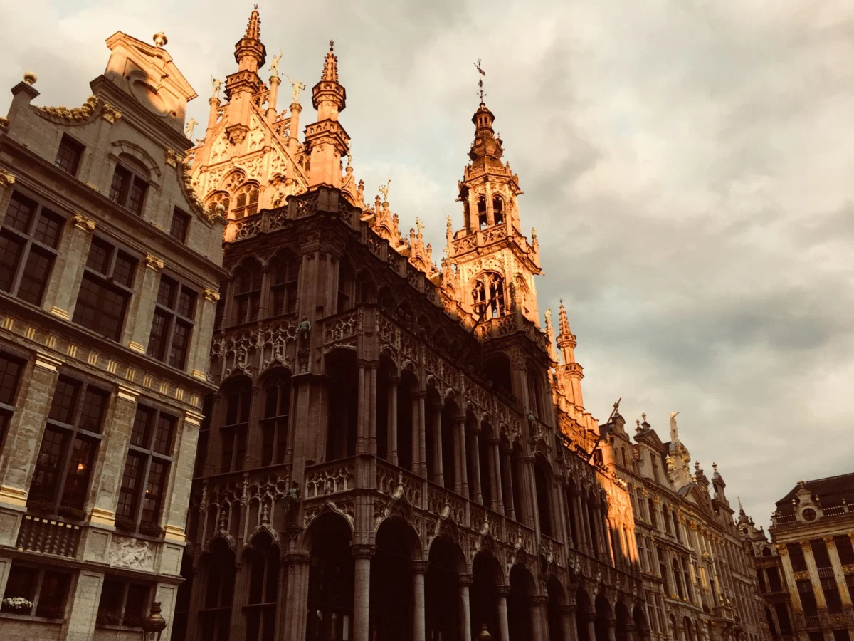 View of a romantic sunset over Brussels with iconic skyline