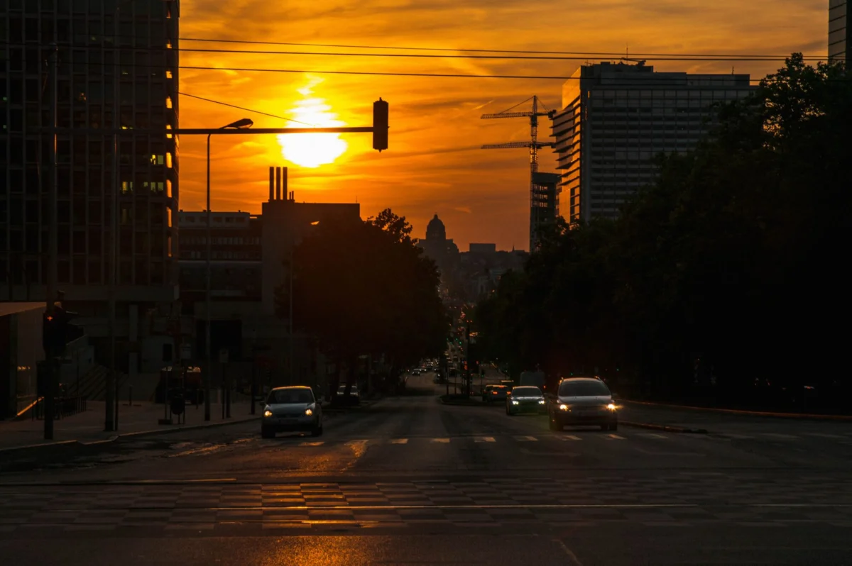View of Brussels skyline at dusk with romantic lighting