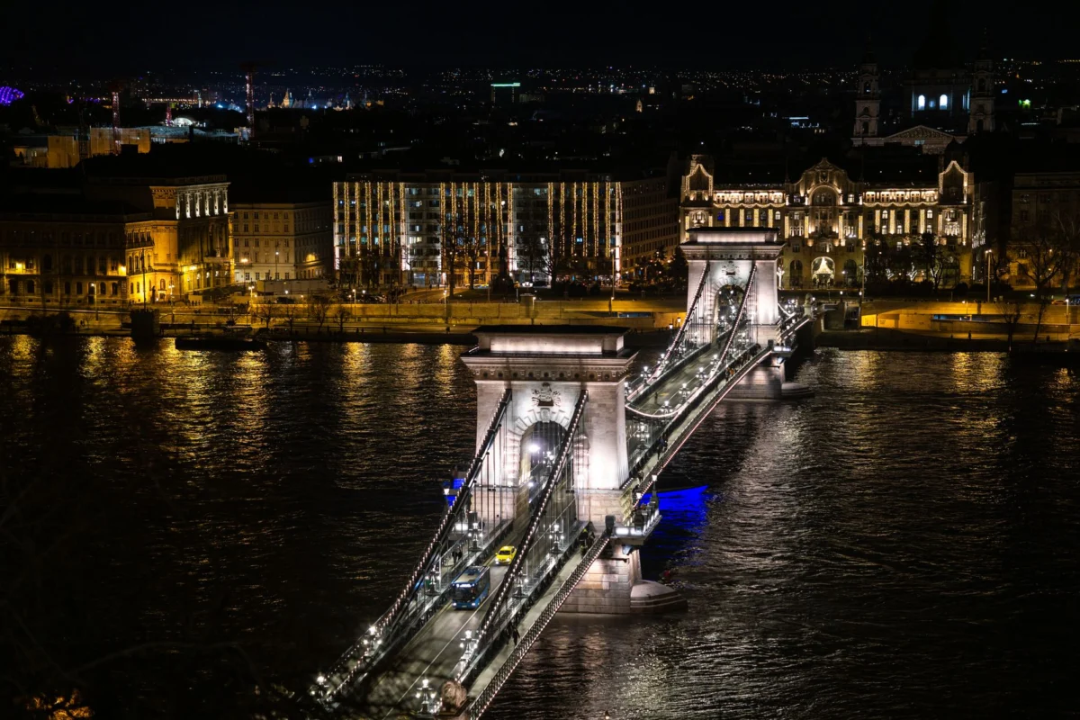Budapest Chain Bridge illuminated at night over the Danube River