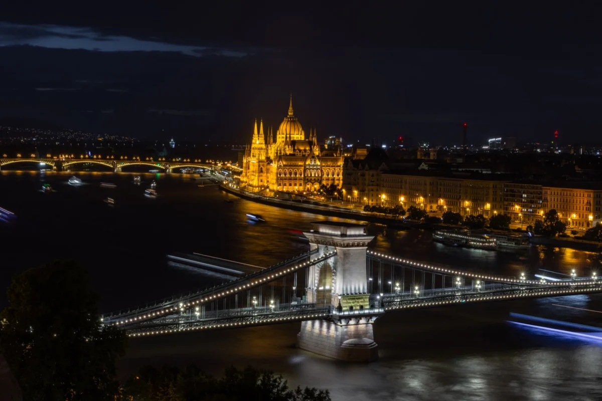 Scenic nighttime view of the Budapest skyline