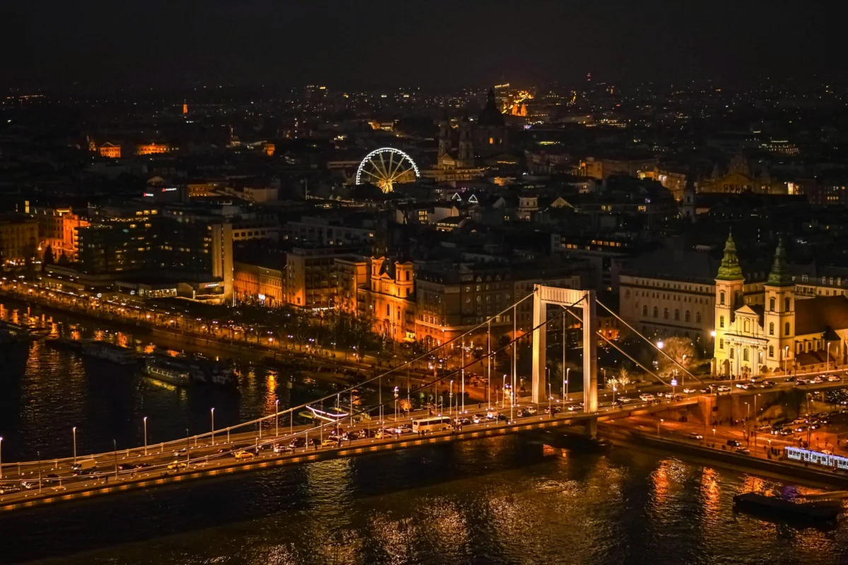 Budapest city skyline at night showcasing iconic landmarks