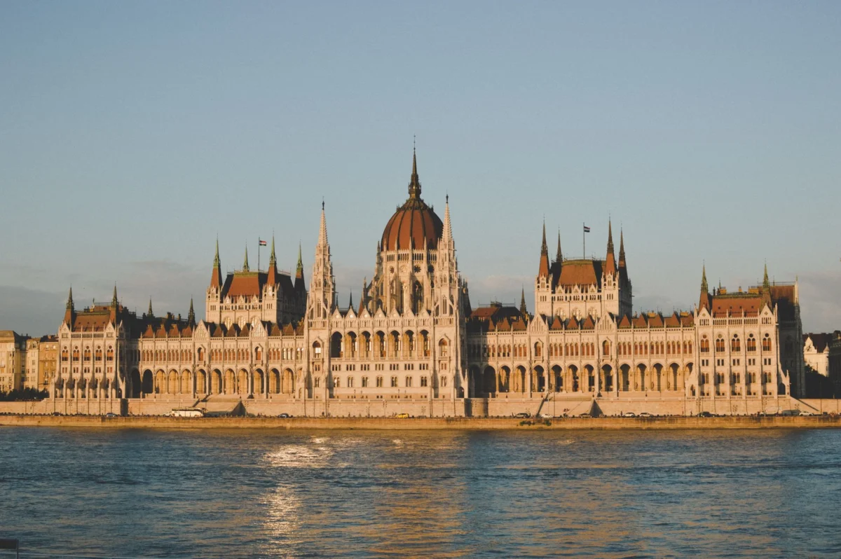 Panoramic view of Budapest's Parliament by the river at sunset