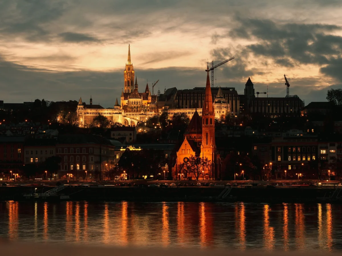 View of Budapest skyline with iconic landmarks at sunset