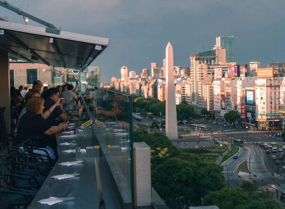 Sunset view of Buenos Aires skyline with iconic landmarks