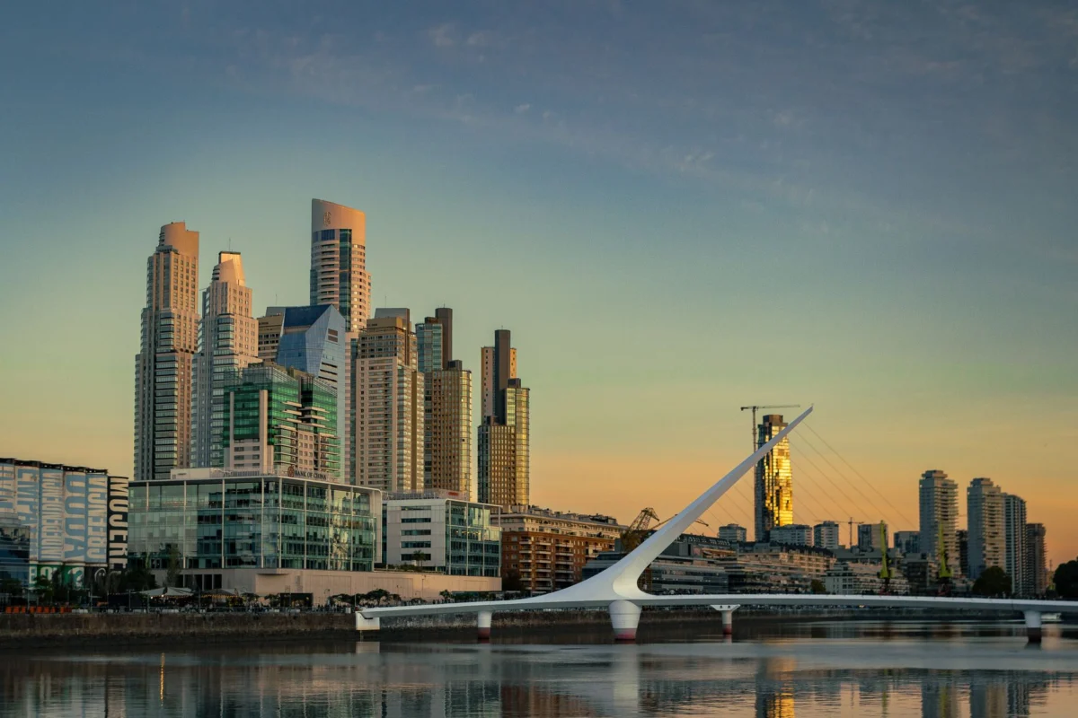 Romantic sunset skyline of Buenos Aires with city landmarks