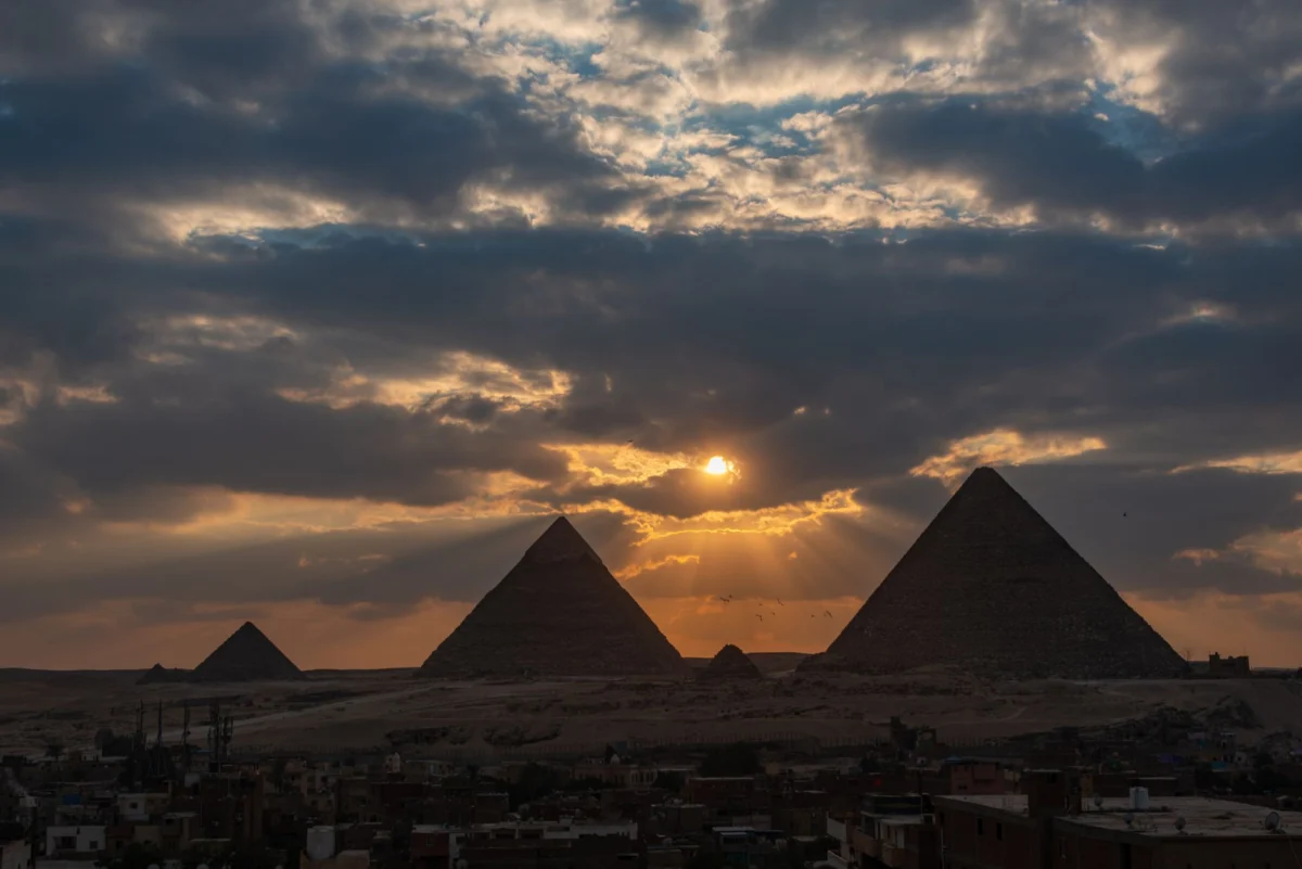 Cairo sunset skyline with the Pyramids in view