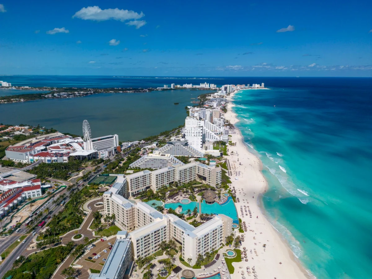 View of a luxurious Cancun resort at sunset