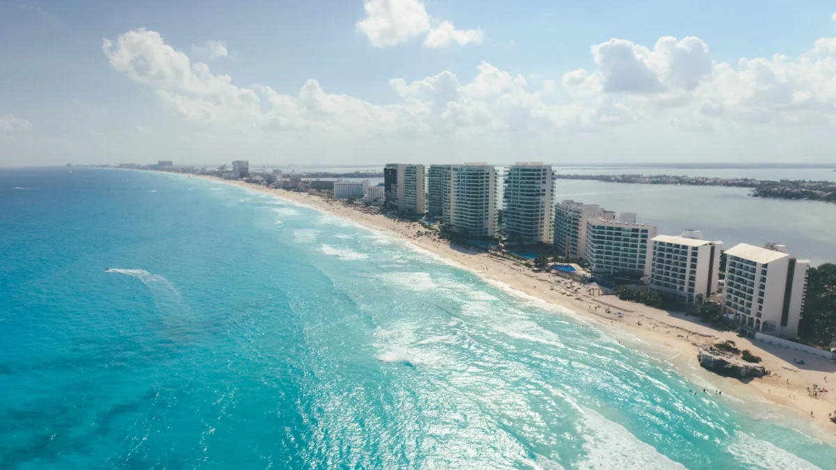 View of romantic hotel area in Cancun overlooking the water