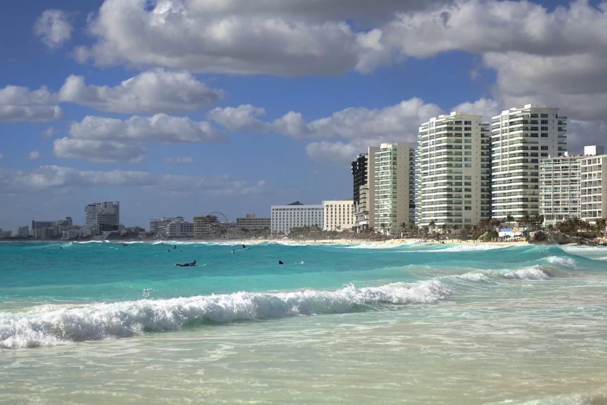 Romantic scenic view of Cancun skyline at sunset