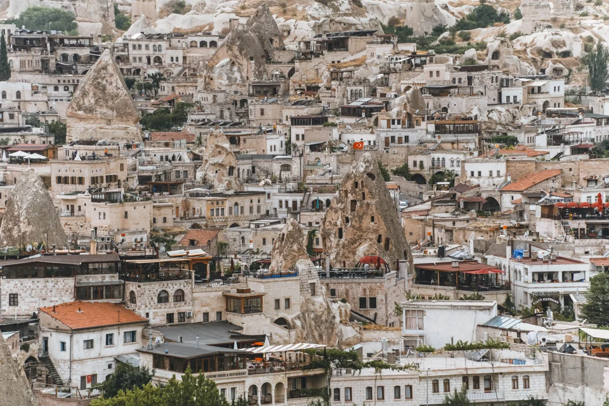 Panoramic view of a romantic cave hotel in Cappadocia