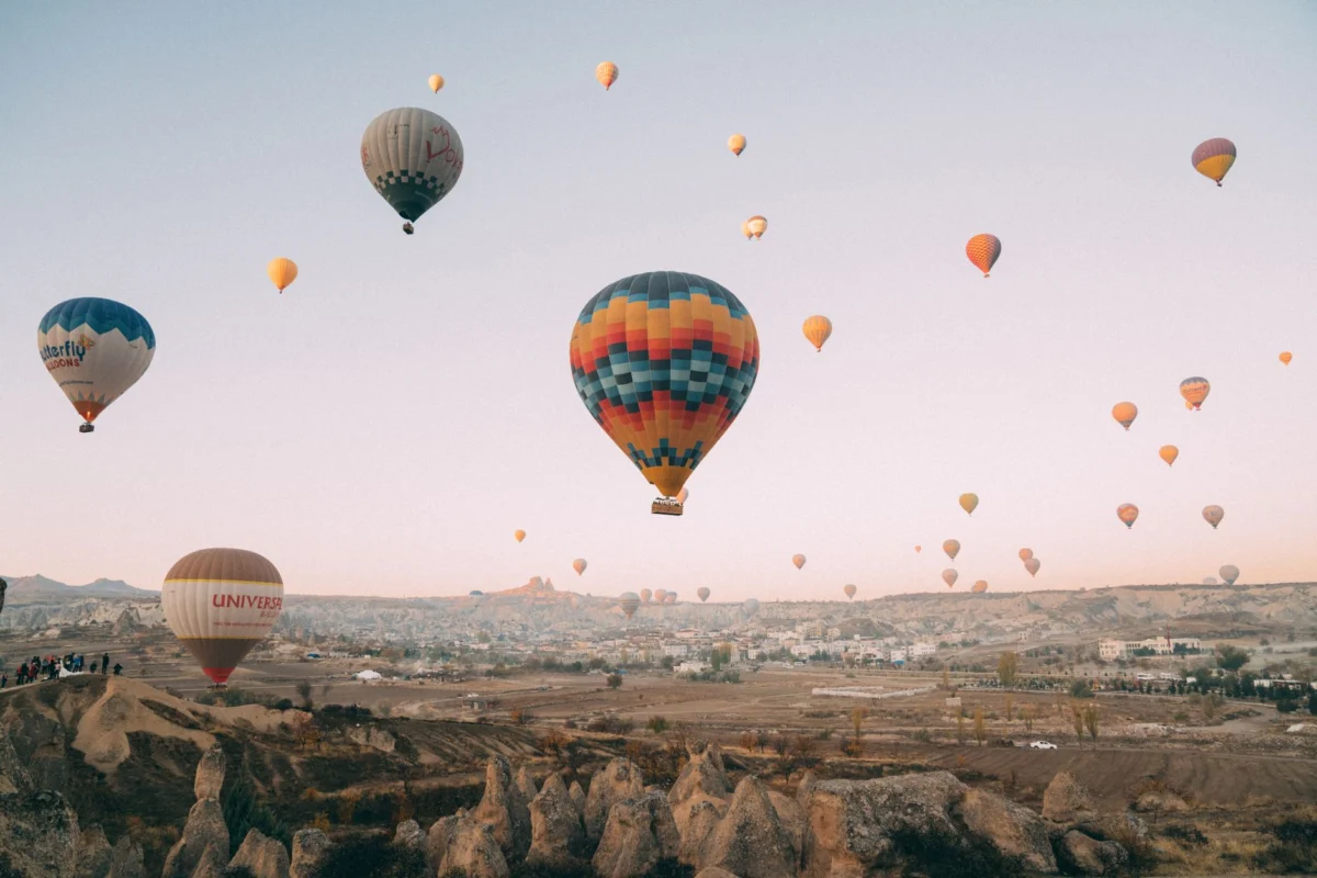 Breathtaking view of Cappadocia's skyline with hot air balloons