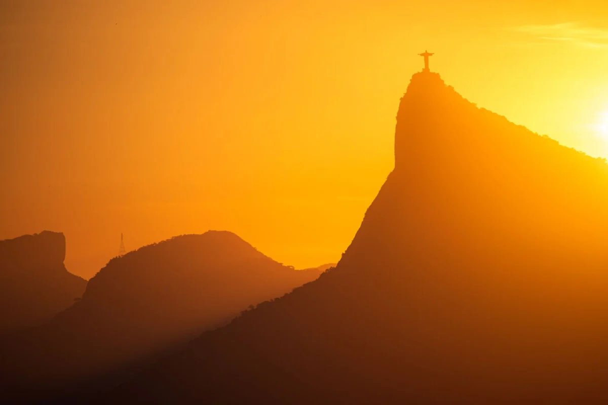 Romantic sunset view of Christ the Redeemer in Rio de Janeiro