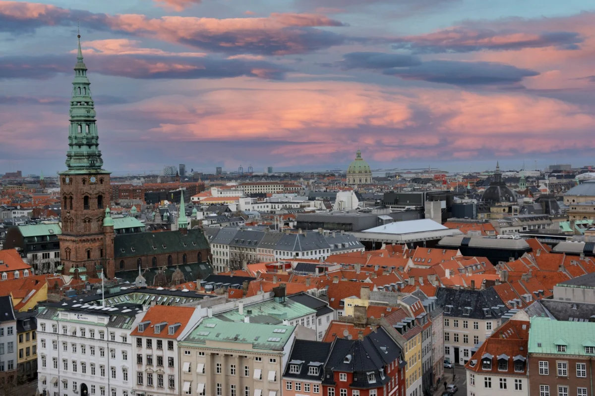 Romantic view of Copenhagen skyline at dusk