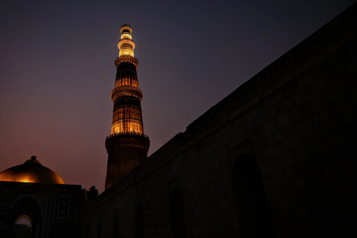 View of Delhi skyline at dusk with famous landmarks