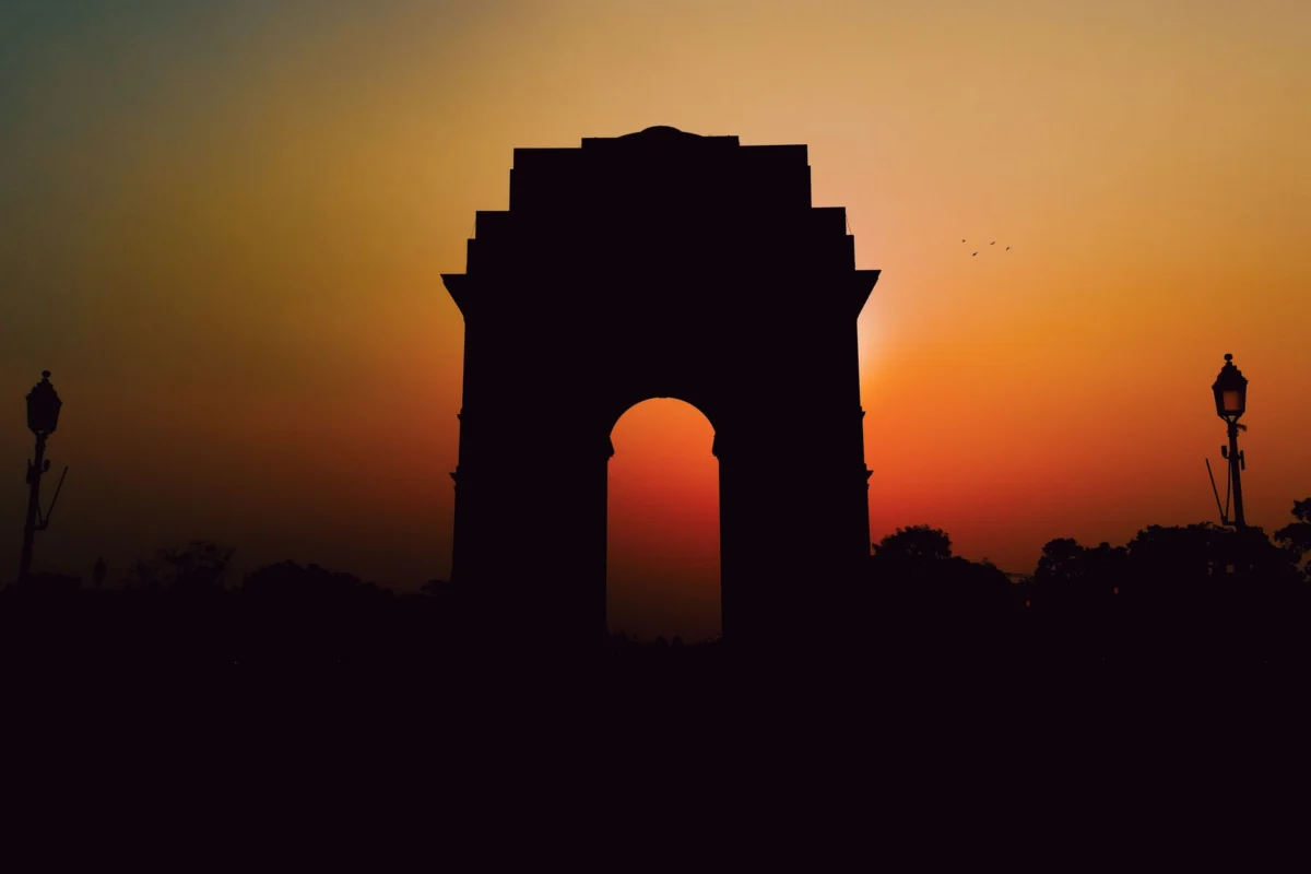A romantic sunset view of India Gate in Delhi