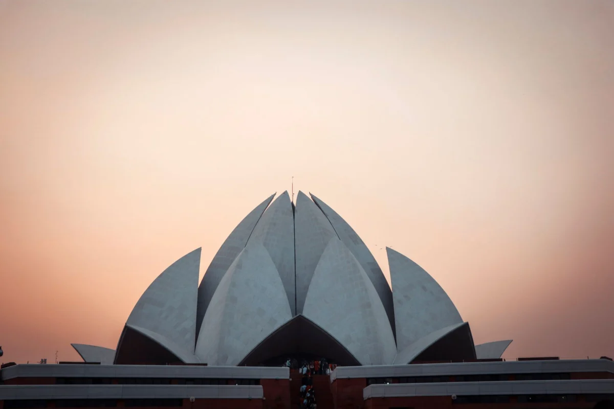 The iconic Lotus Temple at sunset in Delhi, India