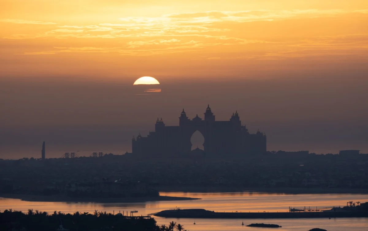 A romantic view of Dubai's skyline at sunset