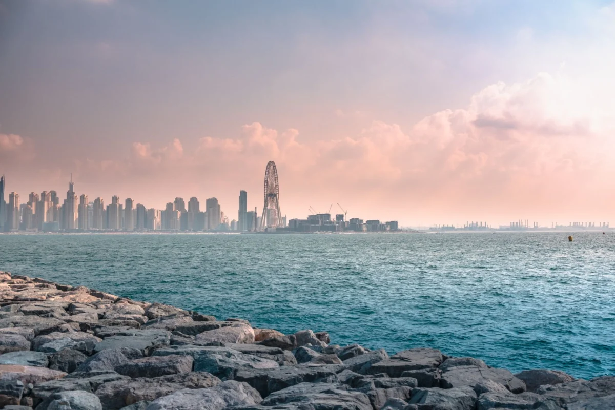 A couple enjoying the romantic Dubai skyline at dusk
